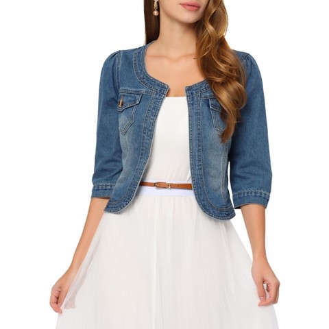 Женские куртки INSPIRE CHIC Women's Collarless Pockets 3/4 Sleeve Crop Denim Jackets Medium Blue
