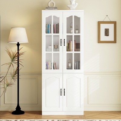 Famapy White Elegant Pantry Cabinet Multifunctional Tempered Glass Cabinet