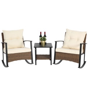 KTMBDW 3 Piece Rocking Bistro Set Wicker Patio Outdoor Furniture Porch Chairs Conversation Sets with Rattan Coffee Table - 1 of 4
