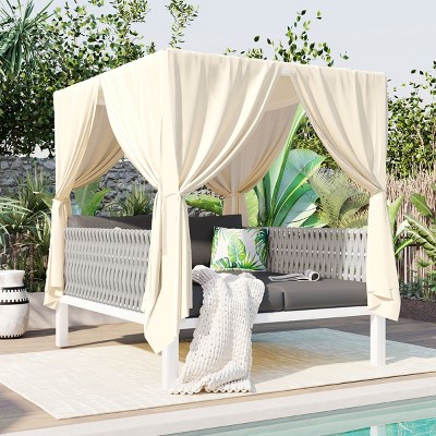 Outdoor Patio Daybed with Curtain and Canopy, 2-Seater Woven Rope Sunbed, Daybed with Iron Frame and Foam Cushions and Pillows–Cuddlewood
