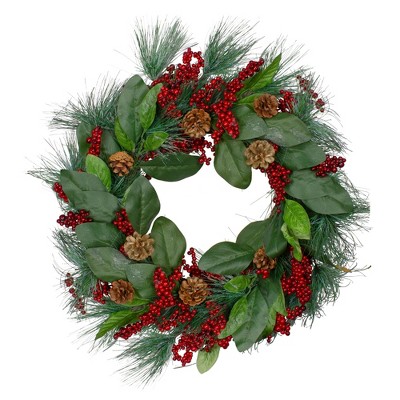 Northlight Leaves, Berry and Pine Needle Artificial Christmas Wreath - 24-Inch, Unlit