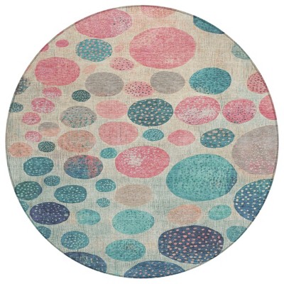 HomeRoots 8' Teal Blue And Blush Round Geometric Washable Indoor Outdoor Area Rug
