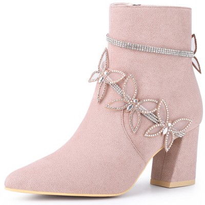 BLISSFUL STEP Butterfly Rhinestone Strap Chunky Heels Ankle Boots for Women