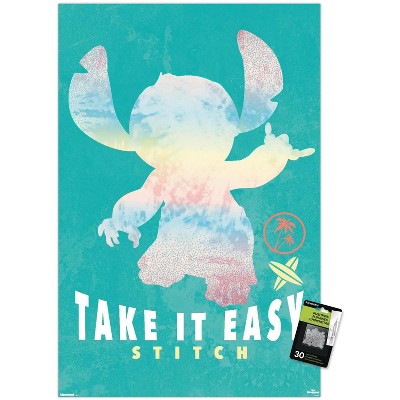 Trends International Disney Lilo and Stitch: Beach Vibes - Take It Easy Unframed Wall Poster Print Clear Push Pins Bundle 22.375" x 34"