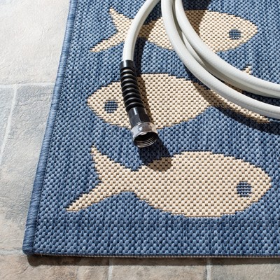 Blue and Beige Square Fish Pattern Indoor/Outdoor Rug