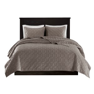 Gulches King/Cal King 3 Piece Velvet Quilt Set Taupe - 1 of 4