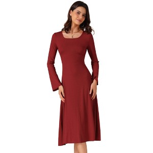 INSPIRE CHIC Women's Knit Midi A-Line Drawstring Back Square Neck Long Sleeve Dresses - 1 of 4