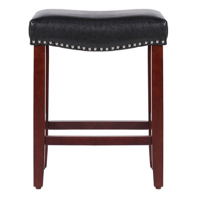 Modern Farmhouse 24" Black Leather Saddle Bar Stools, Set of 2