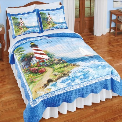 Twin Blue Polyester Coastal Lighthouse Quilt Set