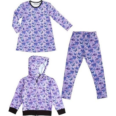 The Pink Picket Fence - Suzie Dinosaur Hoodie, Dress, and Leggings Set in Purple