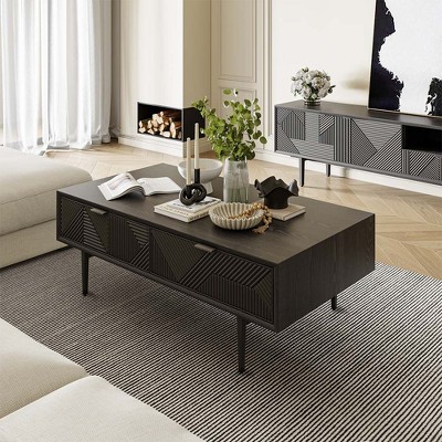 POVISON Modern Coffee Table, Minimalist Embossed Semi-open Coffee Table with Storage, Black, 47.24¡±