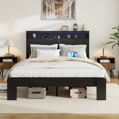 NicBex Queen/King Bed Frame,Wood Bed Frame with Storage LED Headboard and 2 USB,Large Under Bed Storage,Platform Bed No Box Spring Required