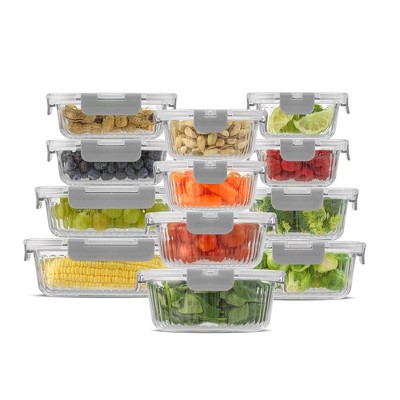 JoyJolt 24-Piece Gray Fluted Glass Food Storage Containers with Lids