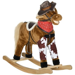 Qaba Baby Rocking Horse, Large Riding Horse, Plush Animal Rocker with Realistic Sound, Saddle, Toy for Boy Girl Ages 3-8 Years Old, Brown - 1 of 4