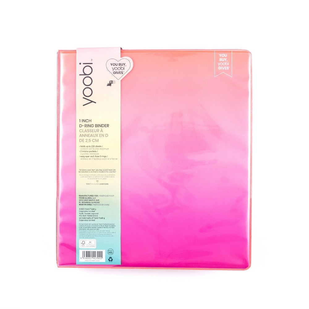 1" Ring Binder Pink Ombre - Yoobi™: Polypropylene D-Ring, 220 Sheet Capacity, 2 Pockets, Clear Cover