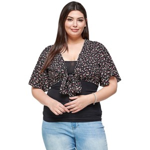 Slickblue Ditsy Floral Plus Size Bolero, V-Neck Cropped Cardigan with Tie, Black/Denim, 1XL-3XL - 1 of 4