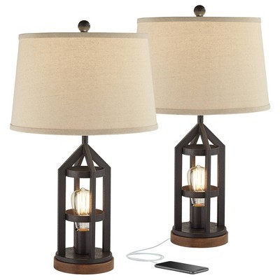 Franklin Iron Works Lucas Bronze Night Light USB Table Lamps Set of 2