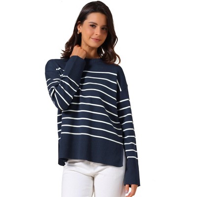 INSPIRE CHIC Women's Striped Crew Neck Long Sleeve Side Split Ribbed Knit Tops