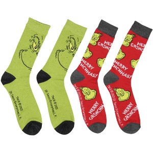 Dr Seuss GRINCH Character Adult Holiday Crew Socks 2 Pair Green - 1 of 4
