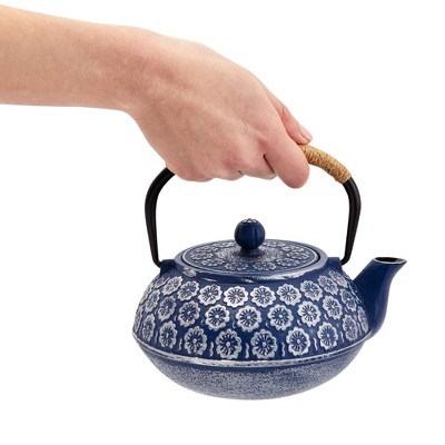 Blue Floral Cast Iron Japanese Teapot Set with Infuser and Cups