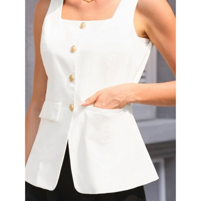 INSPIRE CHIC Women's Linen 2026 Square Neck Sleeveless Button Down Pockets Waistcoat XX-Large White — фото 4