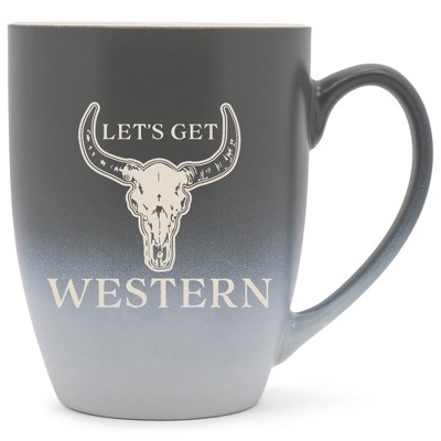 100 North Bull Skull 10 Ounce Gray and White Two Toned Ombre, Comfortably Fits Your Hands, Ceramic Tea Coffee Cup Mug, Let's Get Western