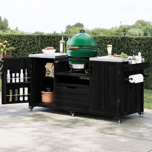 66.5 inch Black Outdoor Kitchen Island for Big Green Egg Grills, Solid Wood Outdoor Grill Cart for Tabletop Grill with Stainless Steel Top - 1 of 4
