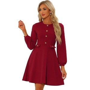 Allegra K Women's Round Neck Work Office Button Decor Long Sleeve A Line Dress - 1 of 4