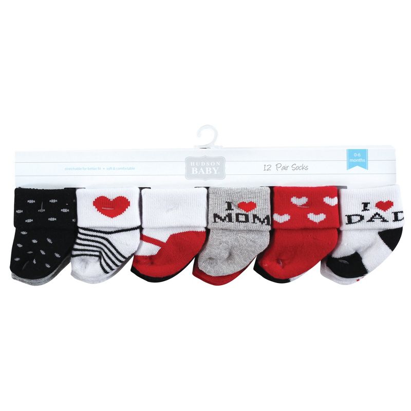 Hudson Baby Infant Girl Cotton Rich Newborn and Terry Socks, Mom and Dad Girl Red Black, 3 of 10