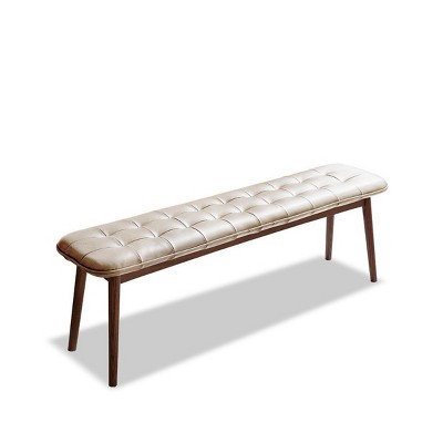 GlasFlength Ottomans and Benches Solid Oak Wood Bench with Leather Cushion for Dining Room Living Room, White, 51.18"*12.6"*17.32"