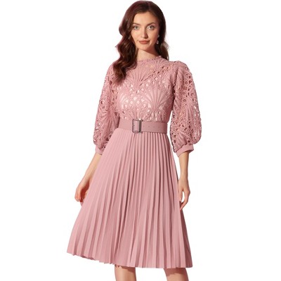 INSPIRE CHIC Women's Floral Lace Panel 3/4 Sleeves Belted A-Line Pleated Dresses