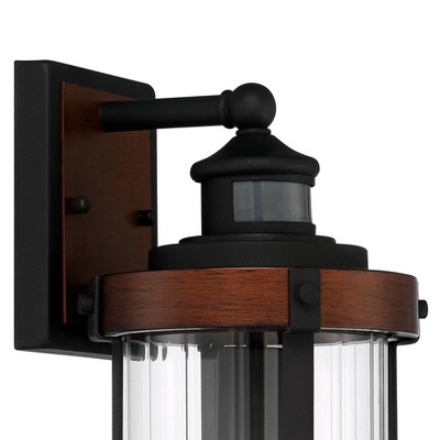 Black and Dark Faux Wood Industrial Outdoor Wall Light with Clear Glass