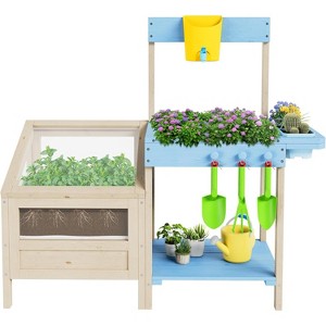 All-Weather Garden Potting Bench with Planter Box – 37.4" Outdoor Workstation W/Storage Shelf & 3 Side Planters (Blue) - 1 of 4