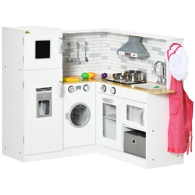 Qaba Play Kitchen, Corner Kids Kitchen Playset w/ Chalkboard, Range Hood, Ice Maker, Stove, Refrigerator Microwave, Sound & Lights
