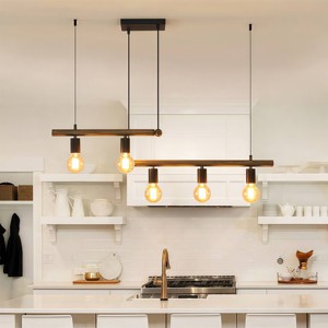 BAOURE 5-Light Linear Pendant Light, 39.4" Farmhouse Dining Room Light Fixture Over Table, Rustic Industrial Wood Chandeliers for Kitchen Island - 1 of 4