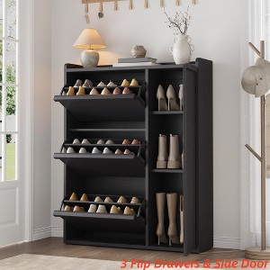 Shoe Cabinet with 2/3/4/6 Flip Drawers/ with 3 Flip Drawers & Side Door, Wooden Shoe Organizer w/Adjustable Shelf, Shoe Storage for Entryway - 1 of 4