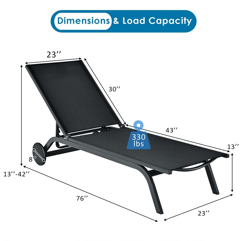 Costway Outdoor Lounge Chair Chaise Reclining Aluminum Fabric Adjustable Black, 4 of 11