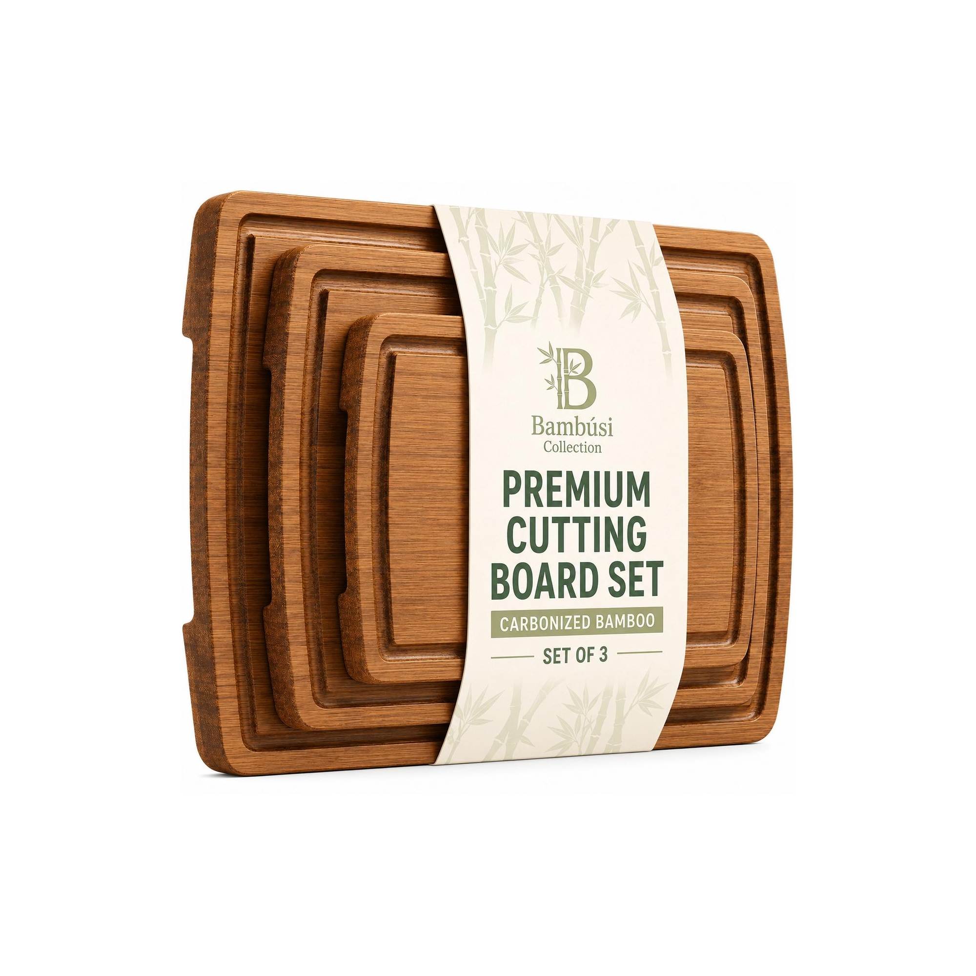 Bamboo Cutting Board Set of 3 - Wooden Chopping Boards for Kitchen with Deep Juice Groove and Side Handles