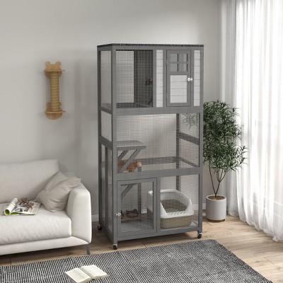 Rolling Outdoor Cat House with Roof,74" Tall Wooden Catio Enclosure for Large Cats,Weatherproof Kitten Cage with Platforms - LAOTIES