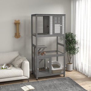 Rolling Outdoor Cat House with Roof,74" Tall Wooden Catio Enclosure for Large Cats,Weatherproof Kitten Cage with Platforms - LAOTIES - 1 of 4