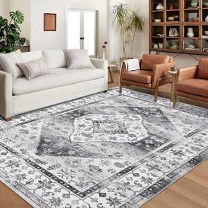 Non-Slip Rug Machine Washable 8x10 Oriental Distressed Vintage Area Rug Stain Resistant, Soft Low Pile, Foldable, Grey - 1 of 4