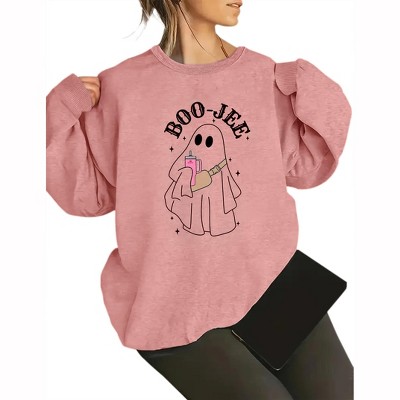 Halloween Graphic Sweatshirts for Plus Size Women Halloween Sweatshirt Long Sleeve Funny Letter Fall Tops,Dusty Pink - XL