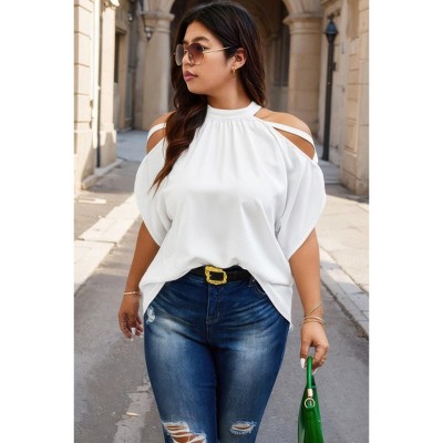 I AM A FASHION JUNKY Plus Halter Open Shoulder Bat Sleeves Loose Top