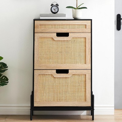 Wooden Shoe Organizer, Rattan Shoe Cabinet with drawer, Wooden Shoe Organizer with Shelves & Metal Legs, for Entryway, Hallway, Bedroom, Black