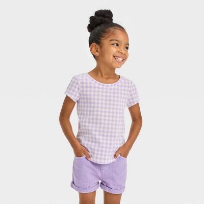 Image of Toddler Girls' Gingham Short Sleeve T-Shirt - Cat & Jack™ Light Purple 12M: Ruffle Eyelet Sleeves, Jersey Fabric, Crewneck