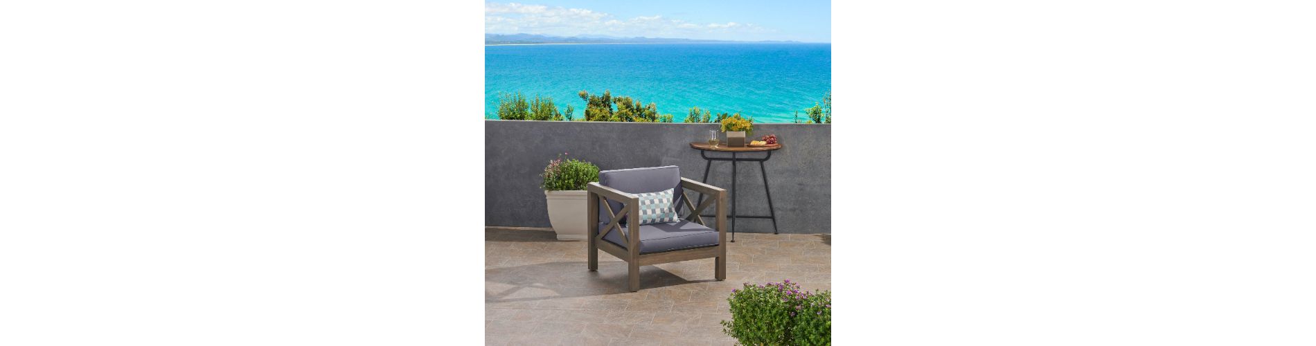 Lyngins Acacia Wood Outdoor Club Chair – Slatted Seating, Cross-Back Frame, Gray Water-Resistant Cushions, Patio Accent Chair/Outdoor Chair, Gray