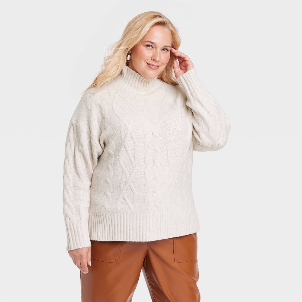 Women's Cozy Knit Mock Turtleneck Pullover Sweater - A New Day™ Oatmeal 1X