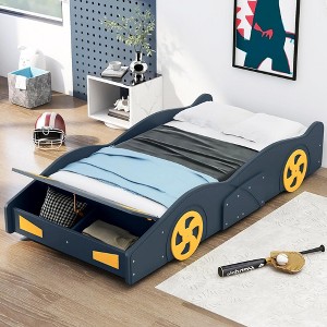 BABYYER Twin Size Race Car Bed for Kids, Car-Shaped Bed Frame with Storage Footboard and Wheels, Wood Platform Bed, No Box Spring Needed - 1 of 4
