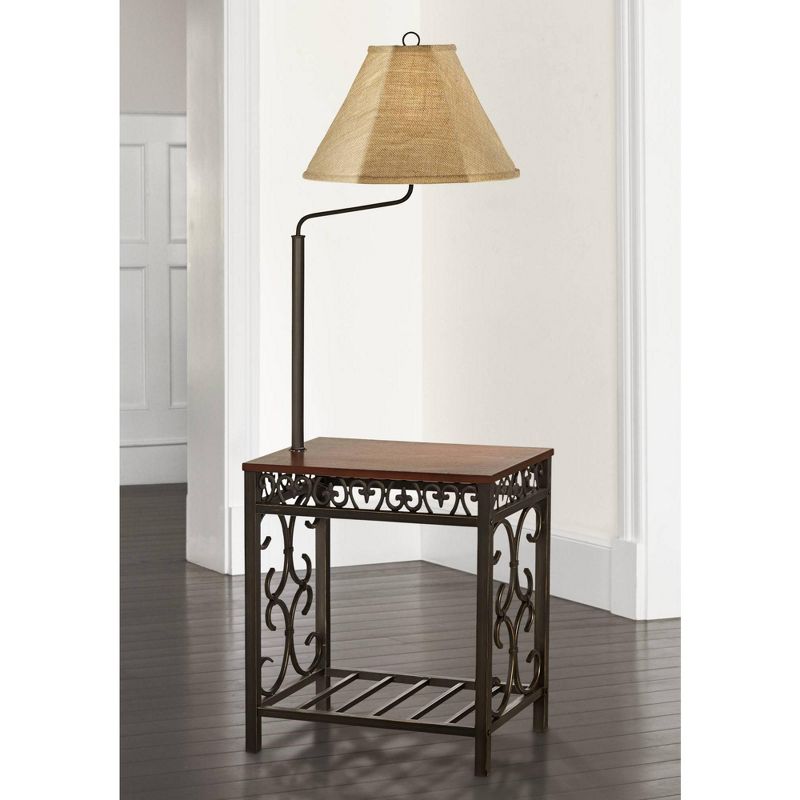 Regency Hill Travata Rustic Vintage Floor Lamp with End Table 54" Tall Bronze Scrollwork Swing Arm Burlap Fabric Empire Shade for Living Room Reading, 2 of 9