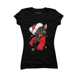 Junior's Design By Humans Christmas cat By POLINART T-Shirt - 1 of 3